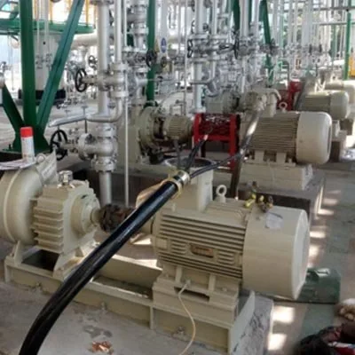 Motor-driven pumps beside a process piping system