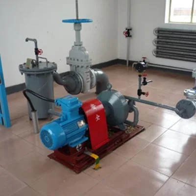 Pump and motor assembly on a red baseplate inside a plant room